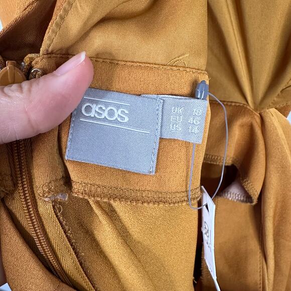 ASOS Golden Yellow Twist Front Satin Cutout Pencil Dress - Picture 8 of 11